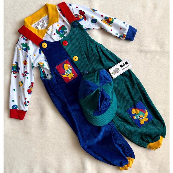 Vintage 90s MGM Kid's Fashion 3-Piece Overalls Set Boys 24M Corduroy Dino Print - Picture 1 of 10